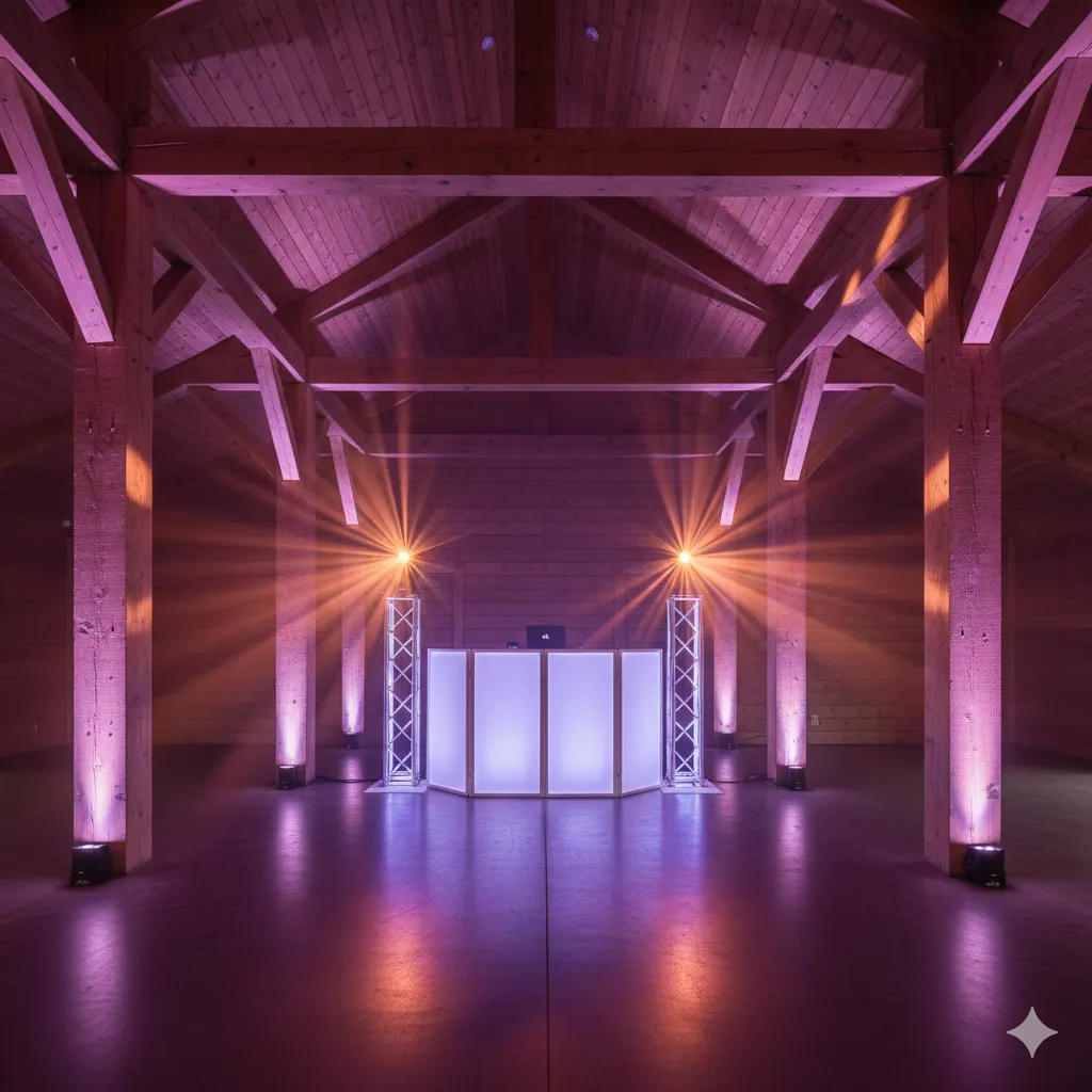 Corporate event DJ setup with uplighting