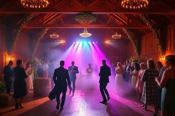 Barn wedding with fog machine and DJ in Kawartha Lakes, Ontario